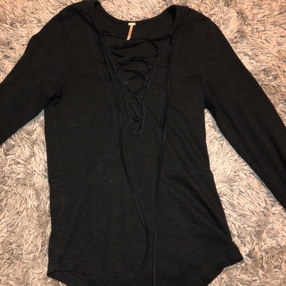 Free People Long sleeve black lace up top - Picture 1 of 3